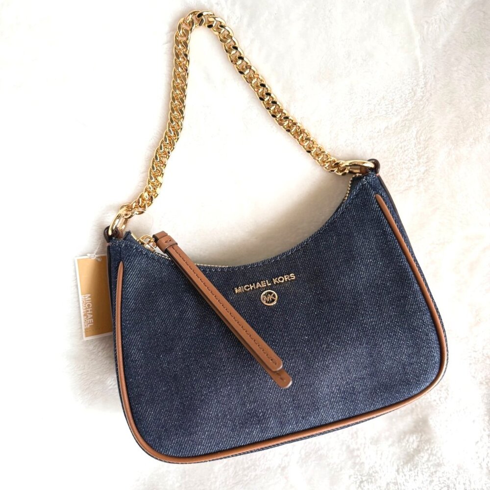 NWT‎ Michael Kors $198 Jet Set Charm Small Denim Pochette handbag gold chain - Picture 3 of 11